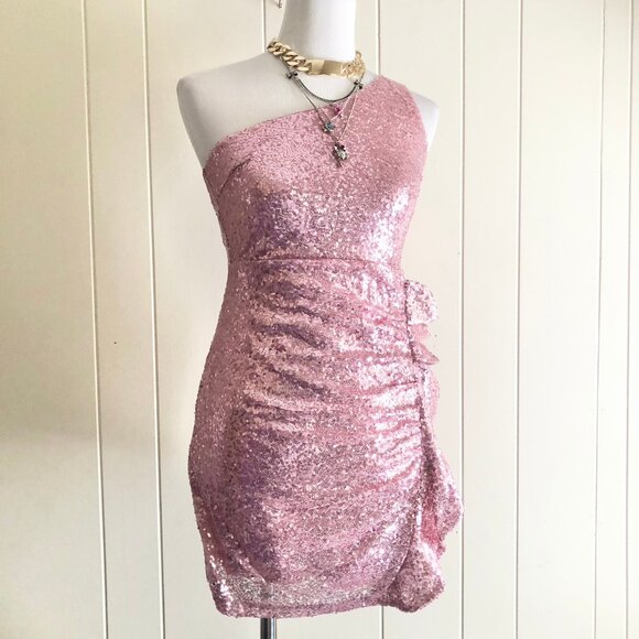 Pink Sequin Mini Dress Party Dress One Shoulder Prom Size S M or L - Picture 6 of 7